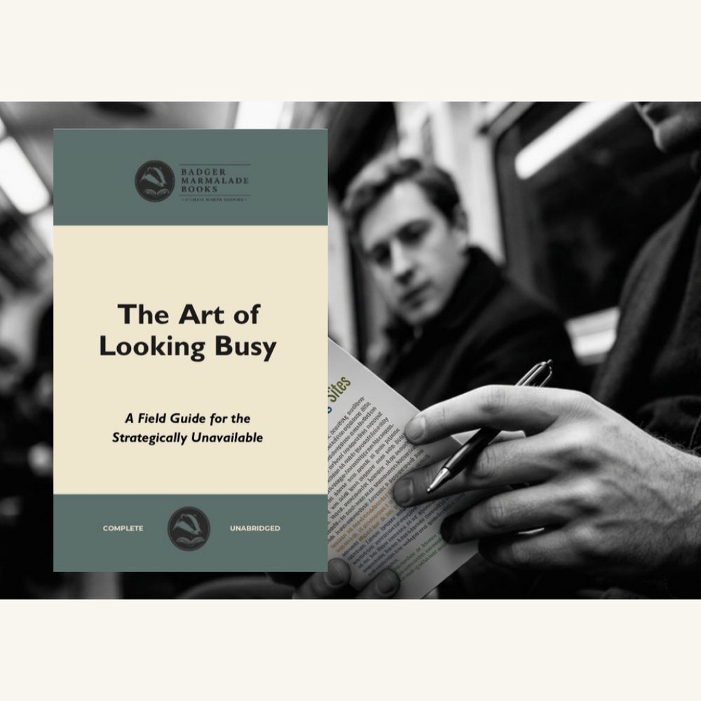 The Art of Looking Busy, styled advertising image
